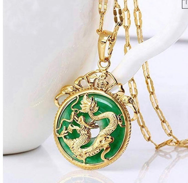 Hand Carved Chinese Green Jade Dragon Necklace - Ruby Lane